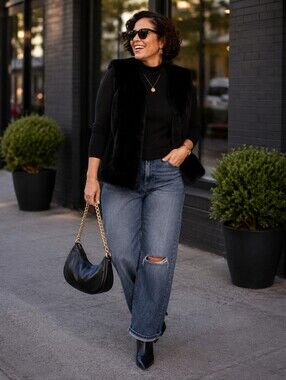 Venezia Black Faux Fur Open Vest